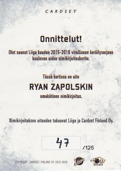 2015-16 Cardset Finland - Signature #NNO Ryan Zapolski Back
