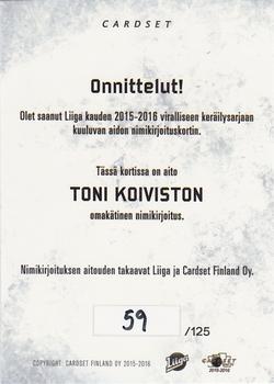 2015-16 Cardset Finland - Signature #NNO Toni Koivisto Back