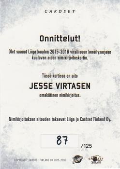 2015-16 Cardset Finland - Signature #NNO Jesse Virtanen Back