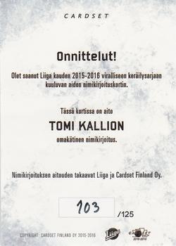 2015-16 Cardset Finland - Signature #NNO Tomi Kallio Back