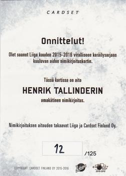 2015-16 Cardset Finland - Signature #NNO Henrik Tallinder Back