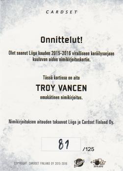 2015-16 Cardset Finland - Signature #NNO Troy Vance Back