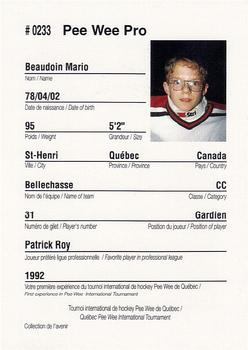 1992 Quebec International Pee-Wee Tournament #0233 Mario Beaudoin Back
