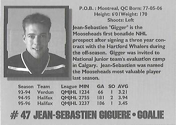 1996-97 Halifax Mooseheads (QMJHL) Series I #NNO Jean-Sebastian Giguere Back
