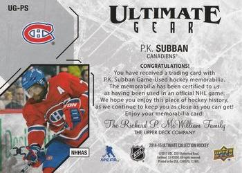 2014-15 Upper Deck Ultimate Collection - Ultimate Gear #UG-PS P.K. Subban Back