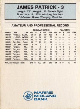 1989-90 Marine Midland New York Rangers #NNO James Patrick Back