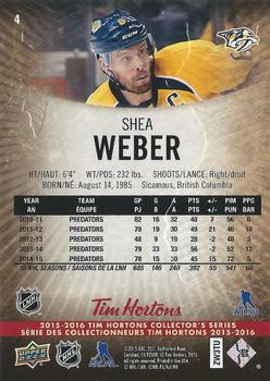 2015-16 Upper Deck Tim Hortons #4 Shea Weber Back