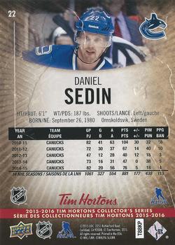 2015-16 Upper Deck Tim Hortons #22 Daniel Sedin Back