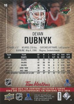 2015-16 Upper Deck Tim Hortons #98 Devan Dubnyk Back
