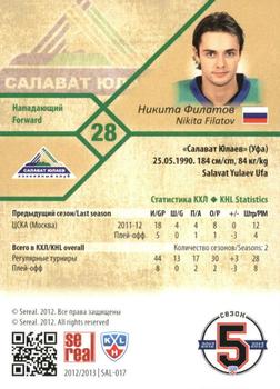 2012-13 Sereal KHL Basic Series #SAL-017 Nikita Filatov Back