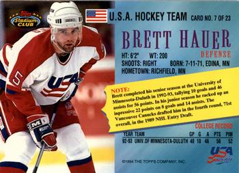 1993-94 Stadium Club - Team USA Members Only #7 Brett Hauer Back