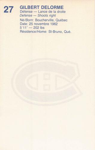 1982-83 Montreal Canadiens Postcards #NNO Gilbert Delorme Back