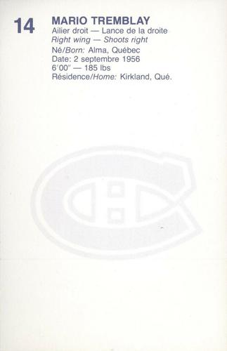 1982-83 Montreal Canadiens Postcards #NNO Mario Tremblay Back