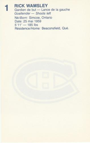 1982-83 Montreal Canadiens Postcards #NNO Rick Wamsley Back