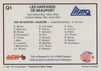 1991-92 7th Inning Sketch LHJMQ - The Teams #Q1 Beauport Harfangs Back