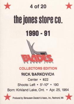 1990-91 Kansas City Blades (IHL) #4 Rick Barkovich Back