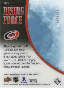 2015-16 Upper Deck Full Force - Rising Force #RF-EL Elias Lindholm Back