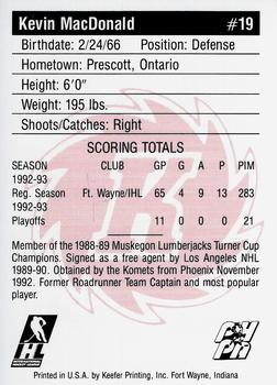1993-94 Fort Wayne Komets (IHL) #NNO Kevin MacDonald Back