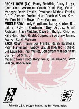 1992-93 Fort Wayne Komets (IHL) #NNO Fort Wayne Komets Back