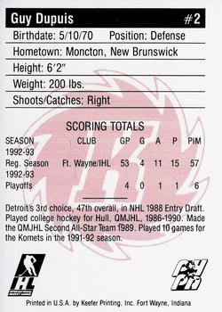 1992-93 Fort Wayne Komets (IHL) #NNO Guy Dupuis Back