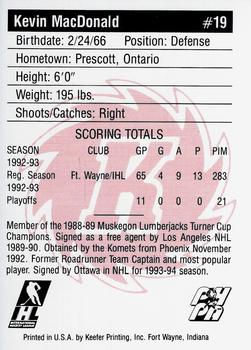 1992-93 Fort Wayne Komets (IHL) #NNO Kevin MacDonald Back