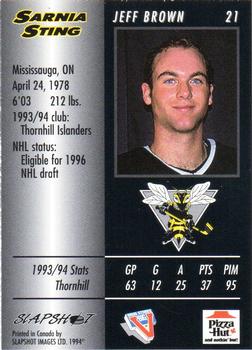 1994-95 Slapshot Sarnia Sting (OHL) #21 Jeff Brown Back
