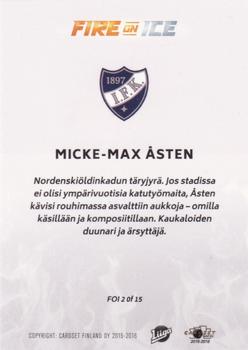 2015-16 Cardset Finland - Fire on Ice #FOI2 Micke-Max Åsten Back