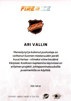 2015-16 Cardset Finland - Fire on Ice #FOI7 Ari Vallin Back