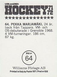1971-72 Williams Hockey (Swedish) #64 Pekka Marjamaki Back