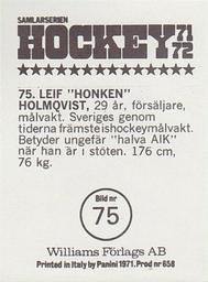 1971-72 Williams Hockey (Swedish) #75 Leif Holmqvist Back