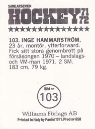 1971-72 Williams Hockey (Swedish) #103 Inge Hammarstrom Back