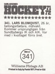 1971-72 Williams Hockey (Swedish) #341 Lars Blomqvist Back