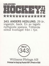 1971-72 Williams Hockey (Swedish) #343 Anders Hedlund Back