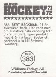 1971-72 Williams Hockey (Swedish) #383 Bert Backman Back