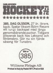 1971-72 Williams Hockey (Swedish) #385 Dag Olsson Back