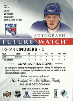 2015-16 SP Authentic #275 Oscar Lindberg Back