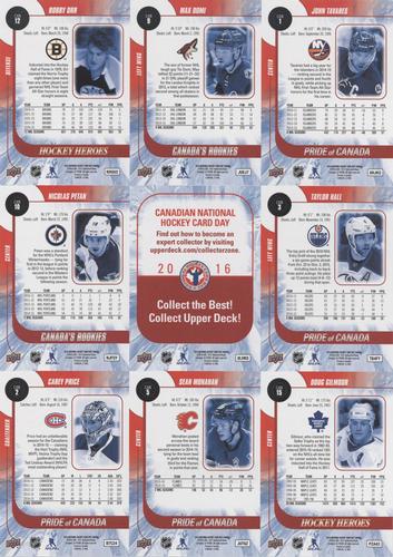 2016 Upper Deck National Hockey Card Day Canada - Sheets #NNO John Tavares / Max Domi / Bobby Orr / Taylor Hall / Checklist / Nicolas Petan / Doug Gilmour / Sean Monahan / Carey Price Back