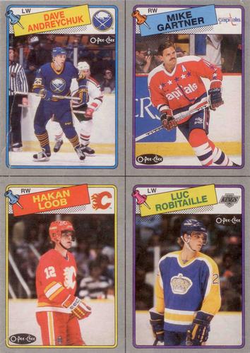 1988-89 O-Pee-Chee - Box Bottom Panels #MNOP Dave Andreychuk / Mike Gartner / Hakan Loob / Luc Robitaille Front