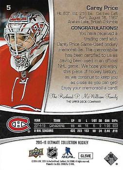 2015-16 Upper Deck Ultimate Collection #5 Carey Price Back