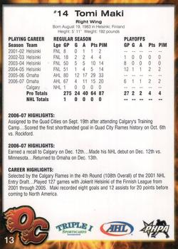 2007-08 Quad City Flames (AHL) #13 Tomi Maki Back