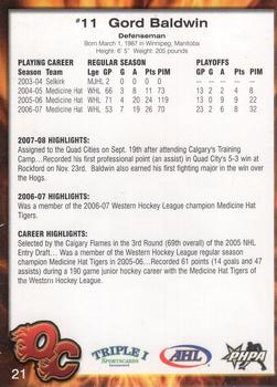 2007-08 Quad City Flames (AHL) #21 Gord Baldwin Back