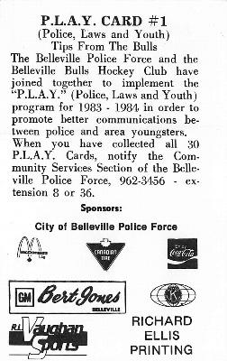 1984-85 Belleville Bulls (OHL) Police #1 Team Photo Back