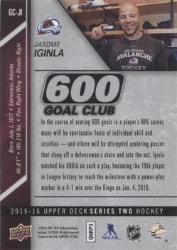 2015-16 Upper Deck - 600 Goal Club #CG-JI Jarome Iginla Back