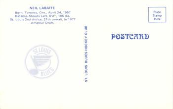 1978-79 St. Louis Blues Postcards #NNO Neil Labatte Back