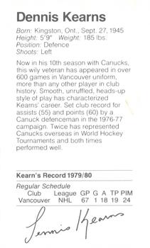 1980-81 Silverwood Dairy Vancouver Canucks #11 Dennis Kearns Back