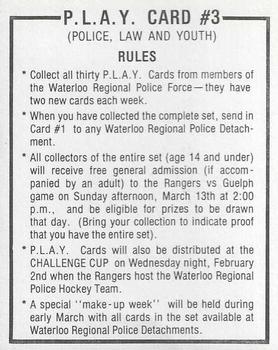 1982-83 Kitchener Rangers (OHL) Police #3 Sponsor Card Back