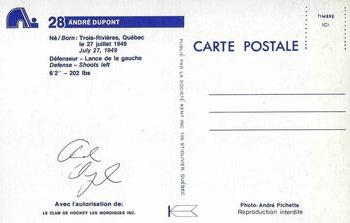 1983-84 Quebec Nordiques Postcards #NNO Andre Dupont Back