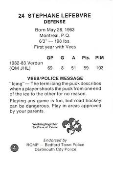 1983-84 Nova Scotia Voyageurs (AHL) Police #4 Stephane Lefebvre Back