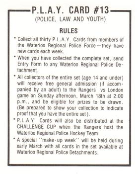 1983-84 Kitchener Rangers (OHL) Police #13 P.L.A.Y. Card Back