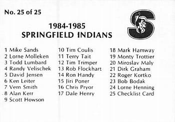 1984-85 Springfield Indians (AHL) #25 Checklist Back